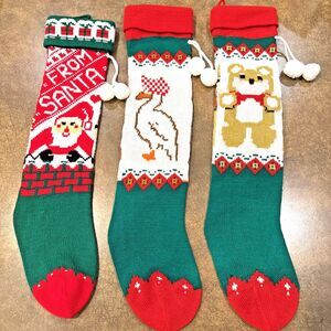 Vintage Acrylic Knit Pom Pom Christmas Stockings Bear Santa Duck 3 Total